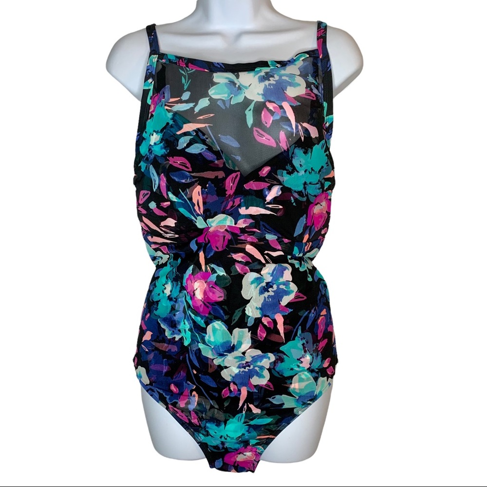 TIME and TRU Floral Sheer Top Full Coverage 1 Pc Swim Sz 2X 20W/22W